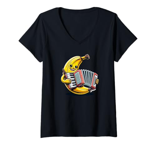 Damen Fröhliche Banane Spielt Akkordeon T-Shirt mit V-Ausschnitt von Fröhliche Banane Mit Akkordeon Spaß