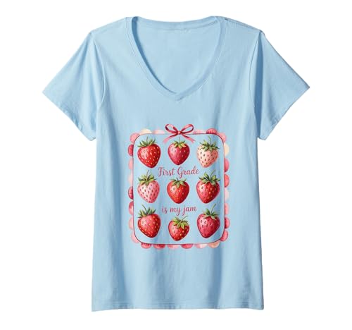 Damen First Grade is My Jam Niedliche Erdbeer Lehrer Spruch Schule T-Shirt mit V-Ausschnitt Damen First Grade is My Jam Niedliche Erdbeer Lehrer Spruch Schule T-Shirt mit V-Ausschnitt von Fröhliche Erdbeer Wortspiel First Grade Is My Jam