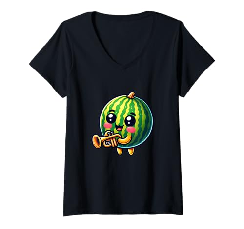 Damen Lustige Wassermelonen Trompete Cartoon Kunst T-Shirt mit V-Ausschnitt Damen Lustige Wassermelonen Trompete Cartoon Kunst T-Shirt mit V-Ausschnitt von Fröhliche Wassermelonen Blasmusik Cartoon