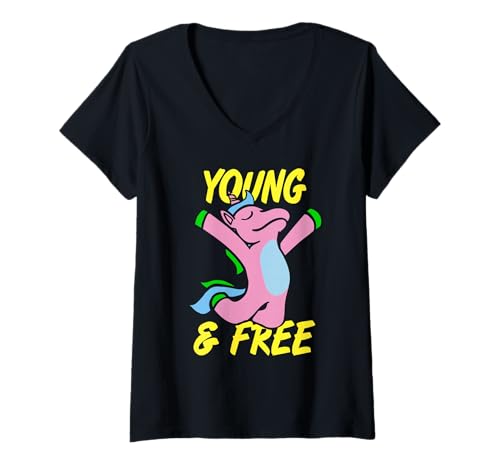 Damen Jung und Frei Rosa Einhorn Magischer Spaß T-Shirt mit V-Ausschnitt Damen Jung und Frei Rosa Einhorn Magischer Spaß T-Shirt mit V-Ausschnitt von Fröhlicher Cartoonstil Einhorn Fantasy Humor