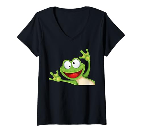 Damen Springender Fröhlicher Frosch T-Shirt mit V-Ausschnitt Damen Springender Fröhlicher Frosch T-Shirt mit V-Ausschnitt von Fröhlicher Grüner Frosch Kinder Lachen Spaß