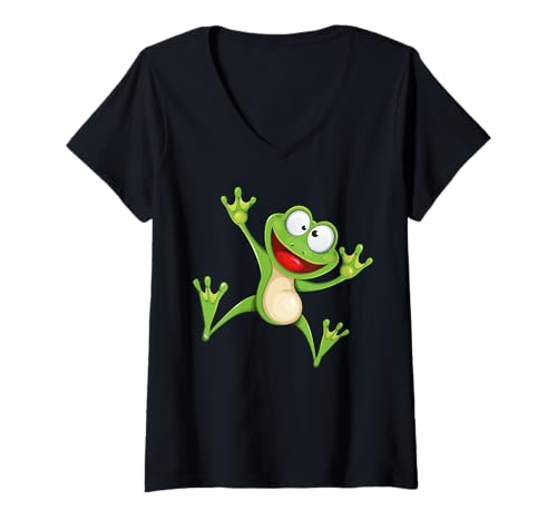 Damen Springender Fröhlicher Frosch T-Shirt mit V-Ausschnitt Damen Springender Fröhlicher Frosch T-Shirt mit V-Ausschnitt von Fröhlicher Grüner Frosch Kinder Lachen Spaß