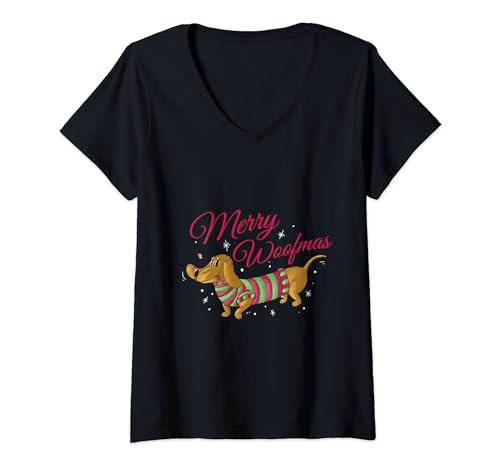 Damen Fröhlicher Woofmas Dackel im Weihnachtspullover Hund Hunde T-Shirt mit V-Ausschnitt Damen Fröhlicher Woofmas Dackel im Weihnachtspullover Hund Hunde T-Shirt mit V-Ausschnitt von Fröhlicher Woofmas Dackel im Weihnachtspullover
