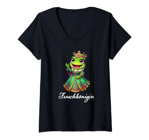 Damen Froschkönigin | Karneval Mädchen Prinzessin Frosch Koenigin T-Shirt mit V-Ausschnitt von Frösche Designer Designs