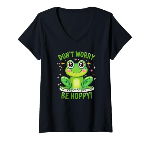 Damen Don't Worry Be Hoppy – Frosch – Amphibien – lustiger Froschliebhaber T-Shirt mit V-Ausschnitt Damen Don't Worry Be Hoppy – Frosch – Amphibien – lustiger Froschliebhaber T-Shirt mit V-Ausschnitt von Frog - Amphibian - Funny Cute Frog - Frog Lover