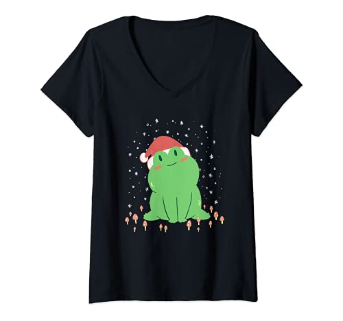 Damen Niedlicher Frosch in Weihnachtsmütze T-Shirt mit V-Ausschnitt von Frog Christmas Cute Holiday