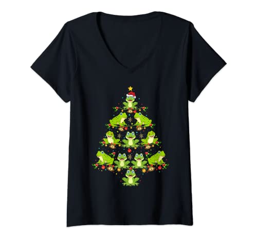 Damen Frosch Weihnachtsbaum Geschenk Lustig Weihnachten Frosch T-Shirt mit V-Ausschnitt von Frog Christmas Pajamas Gifts