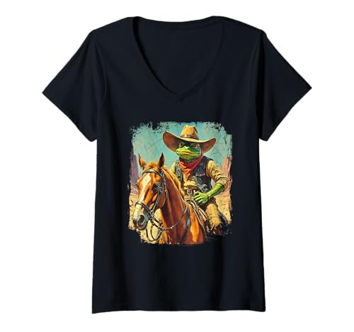 Damen Westernfrosch Cowboy Pferd Bandit Sheriff Vintage Grafik T-Shirt mit V-Ausschnitt Damen Westernfrosch Cowboy Pferd Bandit Sheriff Vintage Grafik T-Shirt mit V-Ausschnitt von Frog Cowboy.Co