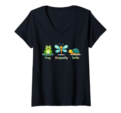 Damen Lustiger süßer Frosch, Libelle, Schildkröte, Bezaubernde Outdoor-Tiere T-Shirt mit V-Ausschnitt Damen Lustiger süßer Frosch, Libelle, Schildkröte, Bezaubernde Outdoor-Tiere T-Shirt mit V-Ausschnitt von Frog Dragonfly Turtle Nature lovers