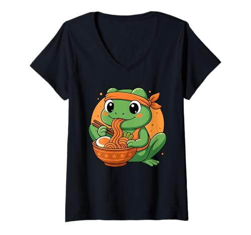Damen Kawaii Frosch Essen Ramen Grafik Japanischer Frosch Grafik T-Shirt mit V-Ausschnitt Damen Kawaii Frosch Essen Ramen Grafik Japanischer Frosch Grafik T-Shirt mit V-Ausschnitt von Frog Eating Ramen Funny Japanese Kawaii Design