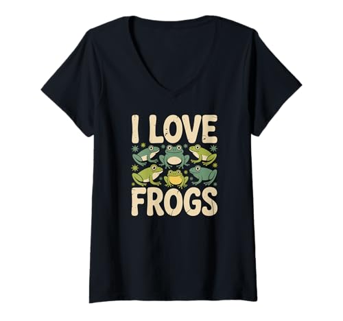 Damen Niedliches Amphibien-Design I Love Frogs T-Shirt mit V-Ausschnitt von Frog Enthusiast Nature Lovers Amphibians