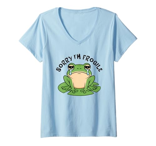 Damen Sorry I'm Frogile Upset Moody Sad Crying Lustiges Frosch-Wortspiel T-Shirt mit V-Ausschnitt von Frog Gifts For Frog Lover