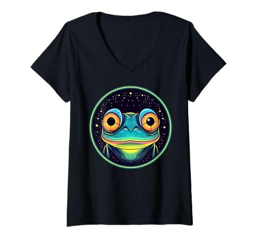 Damen Lustiger, farbenfroher kosmischer Weltraumfrosch T-Shirt mit V-Ausschnitt Damen Lustiger, farbenfroher kosmischer Weltraumfrosch T-Shirt mit V-Ausschnitt von Frog Gifts