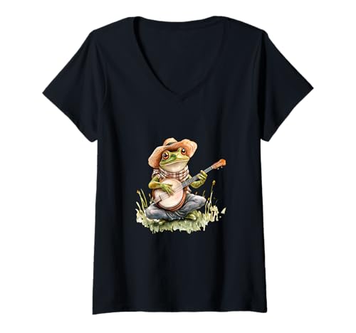 Damen Frosch mit Gitarre - Amphibien, Funny Frog Merch, Frog Lover T-Shirt mit V-Ausschnitt von Frog - Guitar - Funny Cute Frog - Frog Lover