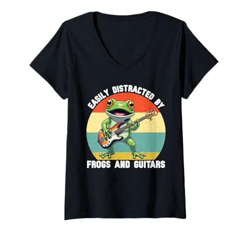 Damen Leicht abgelenkt von Fröschen und Gitarren Grafik Kinder Teens T-Shirt mit V-Ausschnitt Damen Leicht abgelenkt von Fröschen und Gitarren Grafik Kinder Teens T-Shirt mit V-Ausschnitt von Frog Guitar Lover Graphic for Boys Men Kids