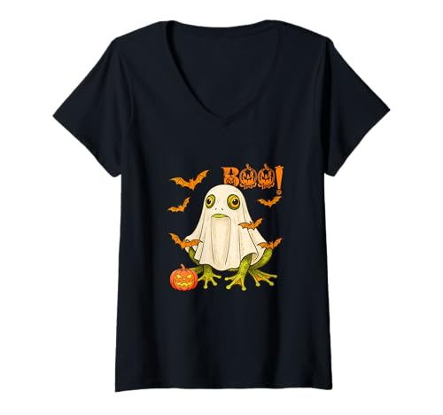 Damen Boo Halloween Frosch Cosplay Geist Kostüm Tierliebhaber T-Shirt mit V-Ausschnitt von Frog Halloween Costume