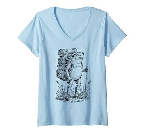 Damen Wanderfrosch Rucksackreisen Outdoor Tiere Lustig Cottagecore T-Shirt mit V-Ausschnitt Damen Wanderfrosch Rucksackreisen Outdoor Tiere Lustig Cottagecore T-Shirt mit V-Ausschnitt von Frog Hiking Backpack Nature Merch.