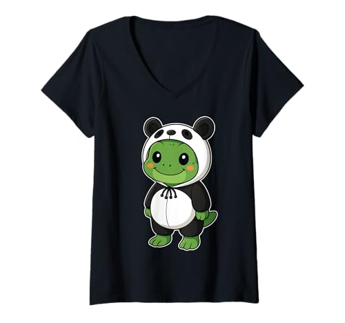 Damen Kawaii Frosch im Panda Kostüm für Mädchen Kinder Froschliebhaber T-Shirt mit V-Ausschnitt Damen Kawaii Frosch im Panda Kostüm für Mädchen Kinder Froschliebhaber T-Shirt mit V-Ausschnitt von Frog In Panda Costume Kawaii Design