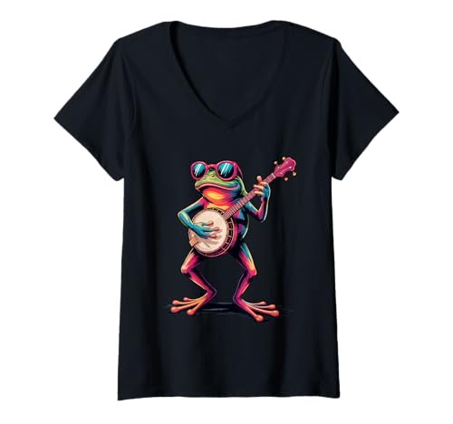 Damen Banjo Frosch Poster Stil Bunte Farbspritzer Kunst Grafik T-Shirt mit V-Ausschnitt Damen Banjo Frosch Poster Stil Bunte Farbspritzer Kunst Grafik T-Shirt mit V-Ausschnitt von Frog Lover Apparel & Arts