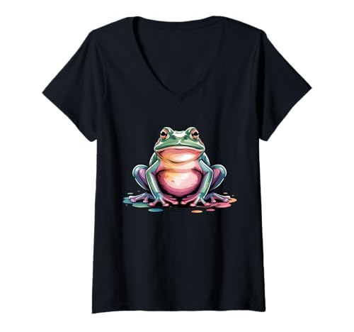 Damen Farbenfrosch Poster Stil Farbspritzer Kunst Grafik Splash T-Shirt mit V-Ausschnitt Damen Farbenfrosch Poster Stil Farbspritzer Kunst Grafik Splash T-Shirt mit V-Ausschnitt von Frog Lover Apparel & Arts