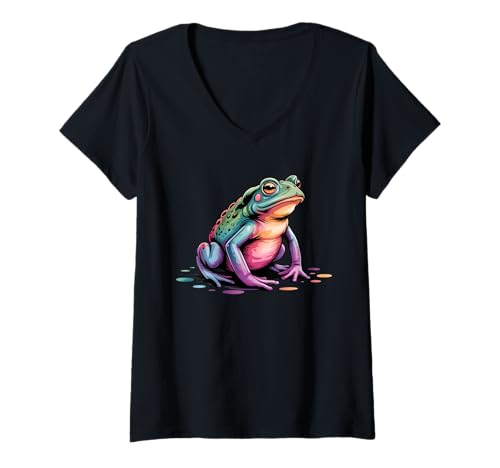 Damen Farbenfrosch Poster Stil Farbspritzer Kunst Grafik Splash T-Shirt mit V-Ausschnitt Damen Farbenfrosch Poster Stil Farbspritzer Kunst Grafik Splash T-Shirt mit V-Ausschnitt von Frog Lover Apparel & Arts