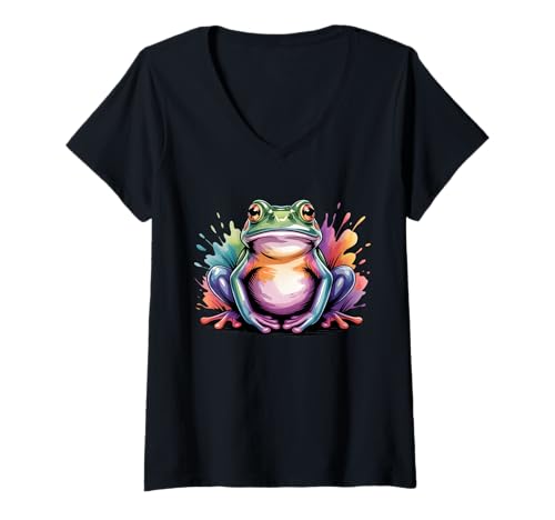 Damen Frosch Farbspritzer Poster Stil Bunte Kunst Grafik Splash T-Shirt mit V-Ausschnitt Damen Frosch Farbspritzer Poster Stil Bunte Kunst Grafik Splash T-Shirt mit V-Ausschnitt von Frog Lover Apparel & Arts