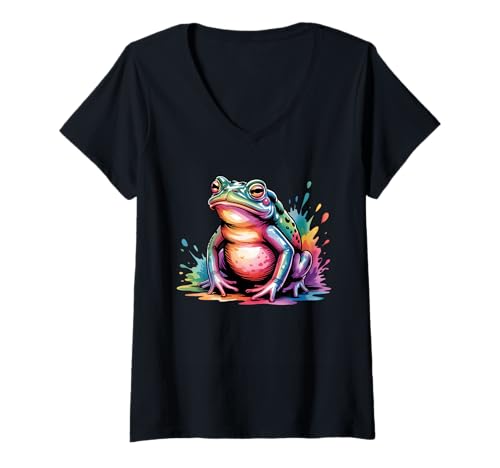 Damen Frosch Poster Stil Bunte Farbspritzer Kunst Grafik Splash T-Shirt mit V-Ausschnitt Damen Frosch Poster Stil Bunte Farbspritzer Kunst Grafik Splash T-Shirt mit V-Ausschnitt von Frog Lover Apparel & Arts
