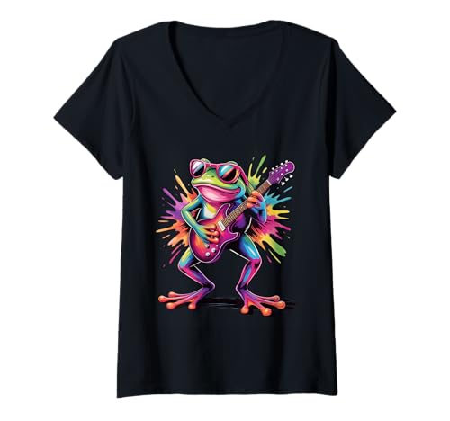 Damen Gitarren-Frosch-Poster-Stil, Bunte Farbspritzer, Kunstgrafik T-Shirt mit V-Ausschnitt Damen Gitarren-Frosch-Poster-Stil, Bunte Farbspritzer, Kunstgrafik T-Shirt mit V-Ausschnitt von Frog Lover Apparel & Arts