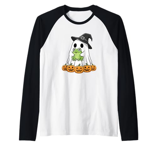 Lustiger Geisterfrosch Kürbis Halloween Kinder Herren Damen Raglan von Frog Lovers Cute Halloween Outfits for Boy Girl
