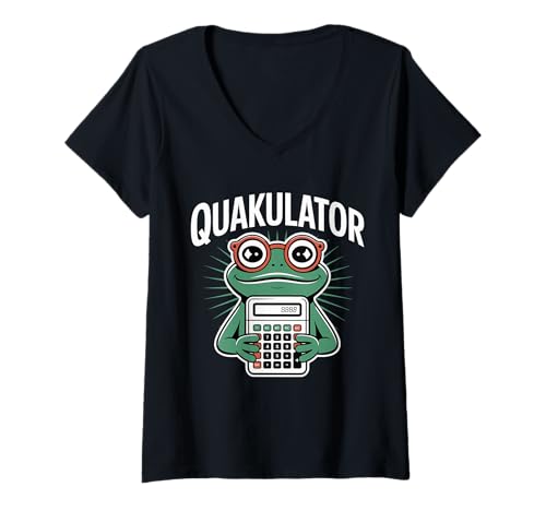 Damen Quakulator Frosch mit Taschenrechner Mathematiklehrer Humor T-Shirt mit V-Ausschnitt Damen Quakulator Frosch mit Taschenrechner Mathematiklehrer Humor T-Shirt mit V-Ausschnitt von Frog Math Humor Teacher Student Pun