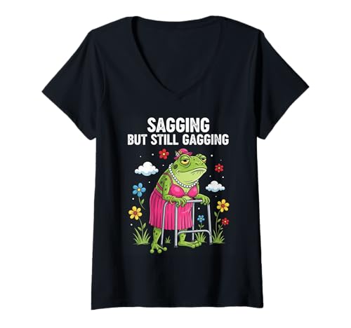 Damen Sagging But Still Gagging Funny Cringe Frosch Meme Humor Retro T-Shirt mit V-Ausschnitt Damen Sagging But Still Gagging Funny Cringe Frosch Meme Humor Retro T-Shirt mit V-Ausschnitt von Frog Meme Humor Quote Joke Vintage Men Women