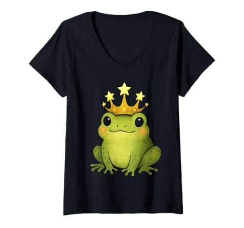 Damen Niedlicher Frosch mit Krone und Sternen, skurriler Cartoon-Stil T-Shirt mit V-Ausschnitt Damen Niedlicher Frosch mit Krone und Sternen, skurriler Cartoon-Stil T-Shirt mit V-Ausschnitt von Frog Mood