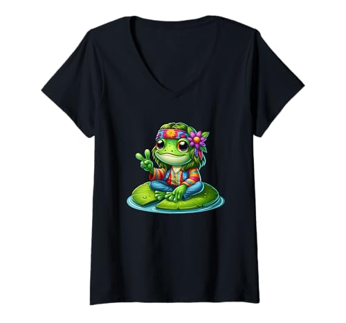 Damen Friedlicher Frosch — Hippie-Vibes T-Shirt mit V-Ausschnitt Damen Friedlicher Frosch — Hippie-Vibes T-Shirt mit V-Ausschnitt von Frog Peace Hippie Retro Style Nature