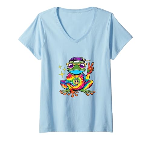 Damen Batik-Frosch, Friedenszeichen, Hippie-Frosch T-Shirt mit V-Ausschnitt Damen Batik-Frosch, Friedenszeichen, Hippie-Frosch T-Shirt mit V-Ausschnitt von Frog Peace Sign Tie Dye Hippie