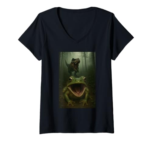 Damen Frog Selfie with T-Rex Dinosaur Funny T-Shirt mit V-Ausschnitt Damen Frog Selfie with T-Rex Dinosaur Funny T-Shirt mit V-Ausschnitt von Frog Selfie With Dinosaur Funny Apparel