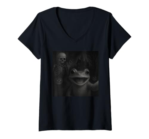 Damen Frog Selfie with Skeleton Halloween Funny T-Shirt mit V-Ausschnitt Damen Frog Selfie with Skeleton Halloween Funny T-Shirt mit V-Ausschnitt von Frog Selfie With Skeleton Funny Apparel