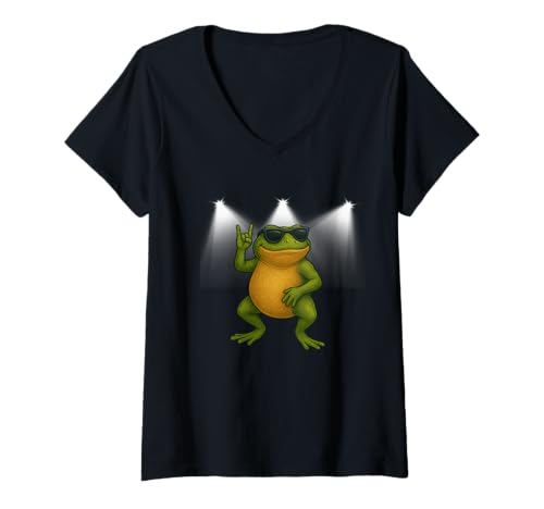 Damen Retro Frosch Rock Spotlight, lustiger Frosch, Frosch Rock and Roll T-Shirt mit V-Ausschnitt Damen Retro Frosch Rock Spotlight, lustiger Frosch, Frosch Rock and Roll T-Shirt mit V-Ausschnitt von Frog Star Gear