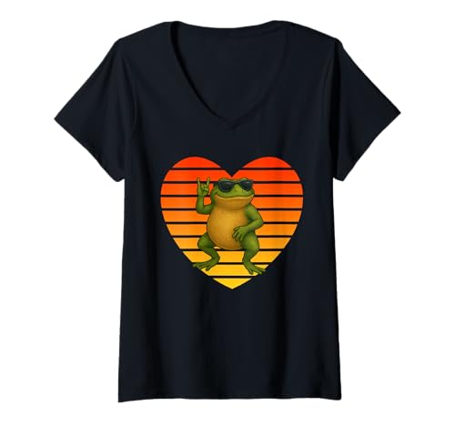 Damen Retro Frosch Rock Spotlight Fun Frosch Frosch Frosch Liebhaber Frosch Liebe T-Shirt mit V-Ausschnitt Damen Retro Frosch Rock Spotlight Fun Frosch Frosch Frosch Liebhaber Frosch Liebe T-Shirt mit V-Ausschnitt von Frog Star Gear