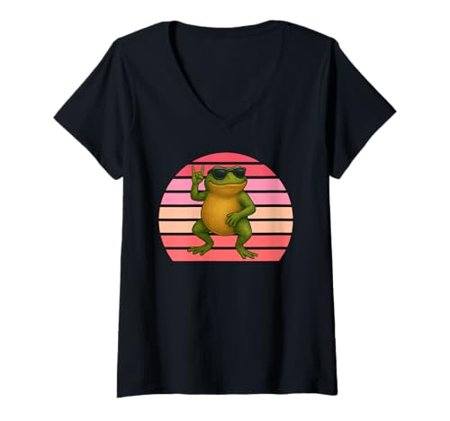 Damen Retro Frosch Rock Spotlight Fun Frosch Frosch Frosch Liebhaber Frosch Liebe T-Shirt mit V-Ausschnitt Damen Retro Frosch Rock Spotlight Fun Frosch Frosch Frosch Liebhaber Frosch Liebe T-Shirt mit V-Ausschnitt von Frog Star Gear