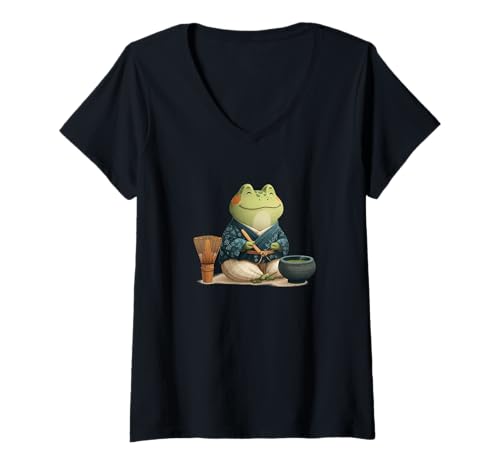 Damen Freundlicher lächelnder Frosch in Teezeremonie Kostüm T-Shirt mit V-Ausschnitt Damen Freundlicher lächelnder Frosch in Teezeremonie Kostüm T-Shirt mit V-Ausschnitt von Frog Tea Outfit
