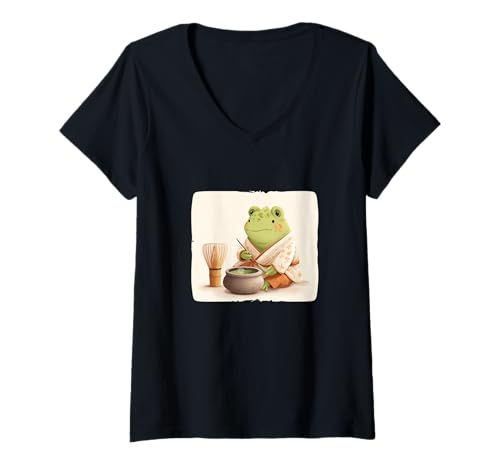 Damen Japanische Teezeremonie Kostüm mit lustigem Frosch T-Shirt mit V-Ausschnitt Damen Japanische Teezeremonie Kostüm mit lustigem Frosch T-Shirt mit V-Ausschnitt von Frog Tea Outfit
