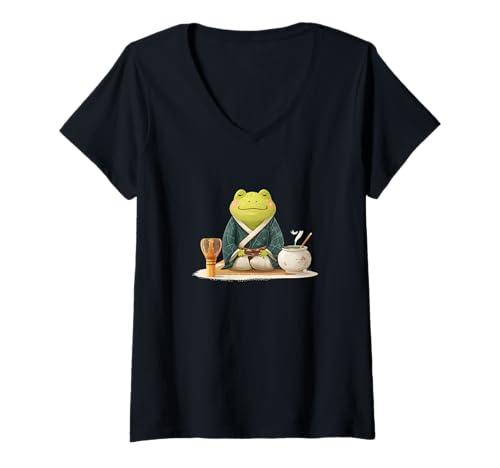 Damen Lächelnder Frosch in Teezeremonie Kostüm für Erwachsene und Kinder T-Shirt mit V-Ausschnitt Damen Lächelnder Frosch in Teezeremonie Kostüm für Erwachsene und Kinder T-Shirt mit V-Ausschnitt von Frog Tea Outfit