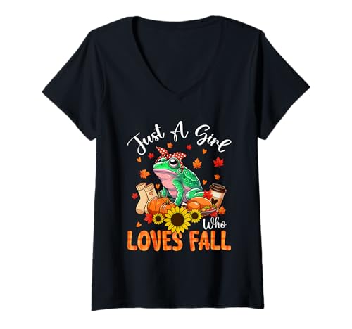 Damen A Girl Loves Fall Thanksgiving Signs Frog Bow Tie Autumn T-Shirt mit V-Ausschnitt Damen A Girl Loves Fall Thanksgiving Signs Frog Bow Tie Autumn T-Shirt mit V-Ausschnitt von Frog Thanksgiving Costume