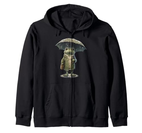 Regentag Frosch: Lustiger Frosch mit Regenschirm Kapuzenjacke von Frog with Umbrella