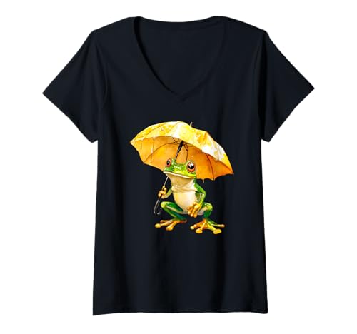 Damen Lustiger Frosch mit Regenschirm – niedliche Amphibien – Froschliebhaber T-Shirt mit V-Ausschnitt von Frog with an Umbrella - Funny Cute Frog