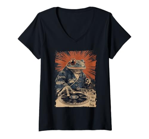 Damen DJ Frosch Ukiyoe - Kanji Japanische Ästhetik T-Shirt mit V-Ausschnitt Damen DJ Frosch Ukiyoe - Kanji Japanische Ästhetik T-Shirt mit V-Ausschnitt von Frogcore Kimono Lofi Anime Geschenk Ästhetik