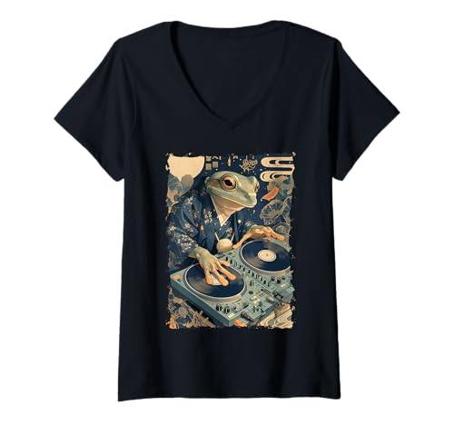 Damen DJ Frosch Ukiyoe - Kanji Japanische Ästhetik T-Shirt mit V-Ausschnitt Damen DJ Frosch Ukiyoe - Kanji Japanische Ästhetik T-Shirt mit V-Ausschnitt von Frogcore Kimono Lofi Anime Geschenk Ästhetik