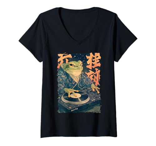 Damen DJ Frosch Ukiyoe - Kanji Japanische Ästhetik T-Shirt mit V-Ausschnitt Damen DJ Frosch Ukiyoe - Kanji Japanische Ästhetik T-Shirt mit V-Ausschnitt von Frogcore Kimono Lofi Anime Geschenk Ästhetik