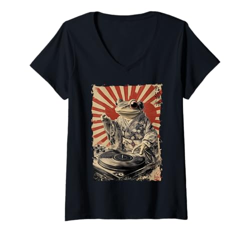 Damen DJ Frosch Ukiyoe - Kanji Japanische Ästhetik T-Shirt mit V-Ausschnitt Damen DJ Frosch Ukiyoe - Kanji Japanische Ästhetik T-Shirt mit V-Ausschnitt von Frogcore Kimono Lofi Anime Geschenk Ästhetik