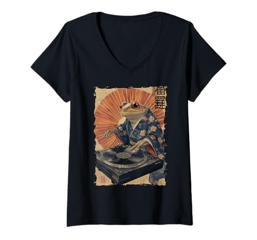 Damen DJ Frosch Ukiyoe - Kanji Japanische Ästhetik T-Shirt mit V-Ausschnitt Damen DJ Frosch Ukiyoe - Kanji Japanische Ästhetik T-Shirt mit V-Ausschnitt von Frogcore Kimono Lofi Anime Geschenk Ästhetik